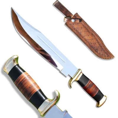 Handmade Carbon Steel Crocodile Dundee Knife, Professional Rustam Crocodile Dundee Outback Fixed Blade Knife with Horn Handle and Leather Sheath