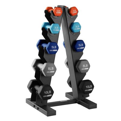 HolaHatha Neoprene Dumbbell Weights Set with Rack, Home Gym Equipment, 56 Lbs, Blue/Red - Portable Weighted Exercise Dumbbells for Fitness, Training, and Lifting Workouts