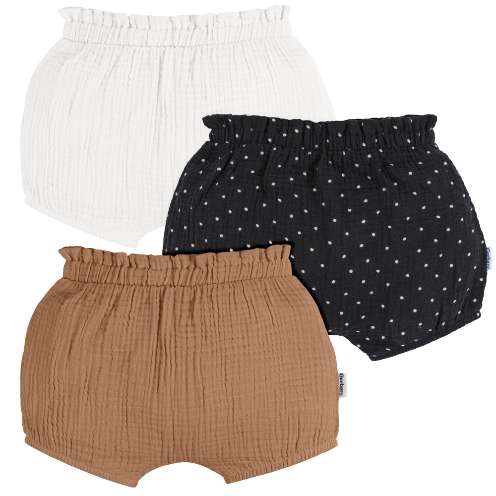 Gerber Baby Girls' 3-Pack Bubble Shorts, Brown/Dot/White, 18 Months