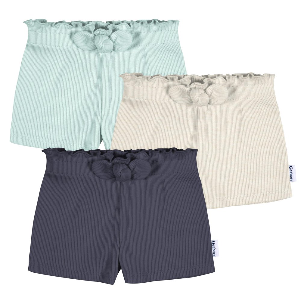 Gerber Baby Girls Toddler 3-Pack Pull-On Knit Shorts, Navy/Oatmeal/Aqua, 4T