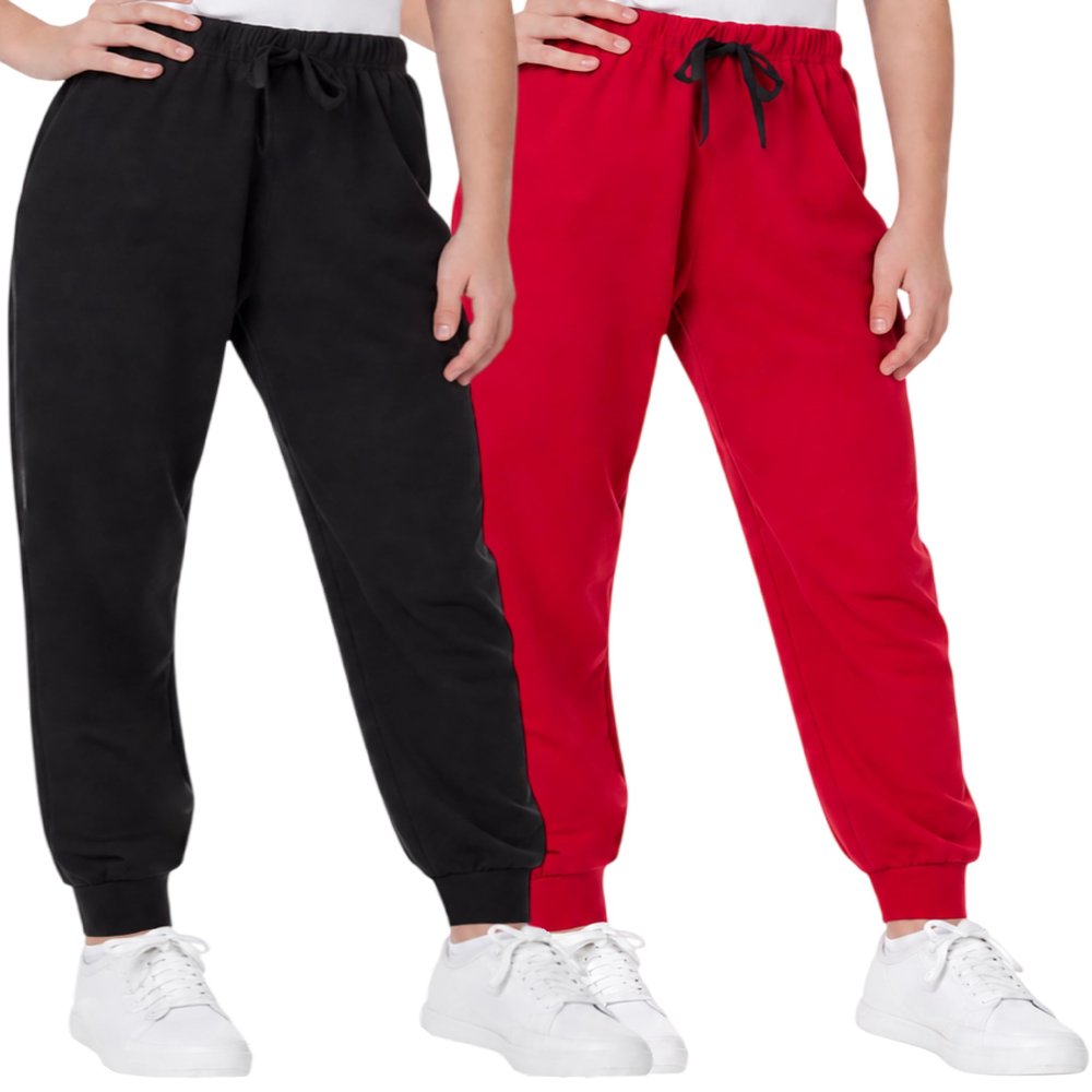 Sweet Hearts Girls Sweatpants - 2 Pack Soft Fleece Athletic Performance Jogger Girls Pants: Made in USA (Sizes 5-18), Size 5-6, Black/Red