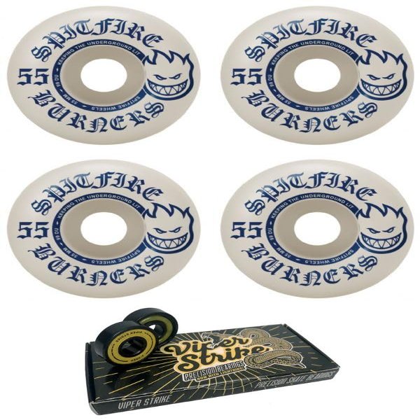 55mm Spitfire Wheels Burners White/Blue Skateboard Wheels - 99a with Viper Strike Skateboard Bearings 8mm Precision ABEC 7 Skateboard Bearings - Bundle of 2 Items