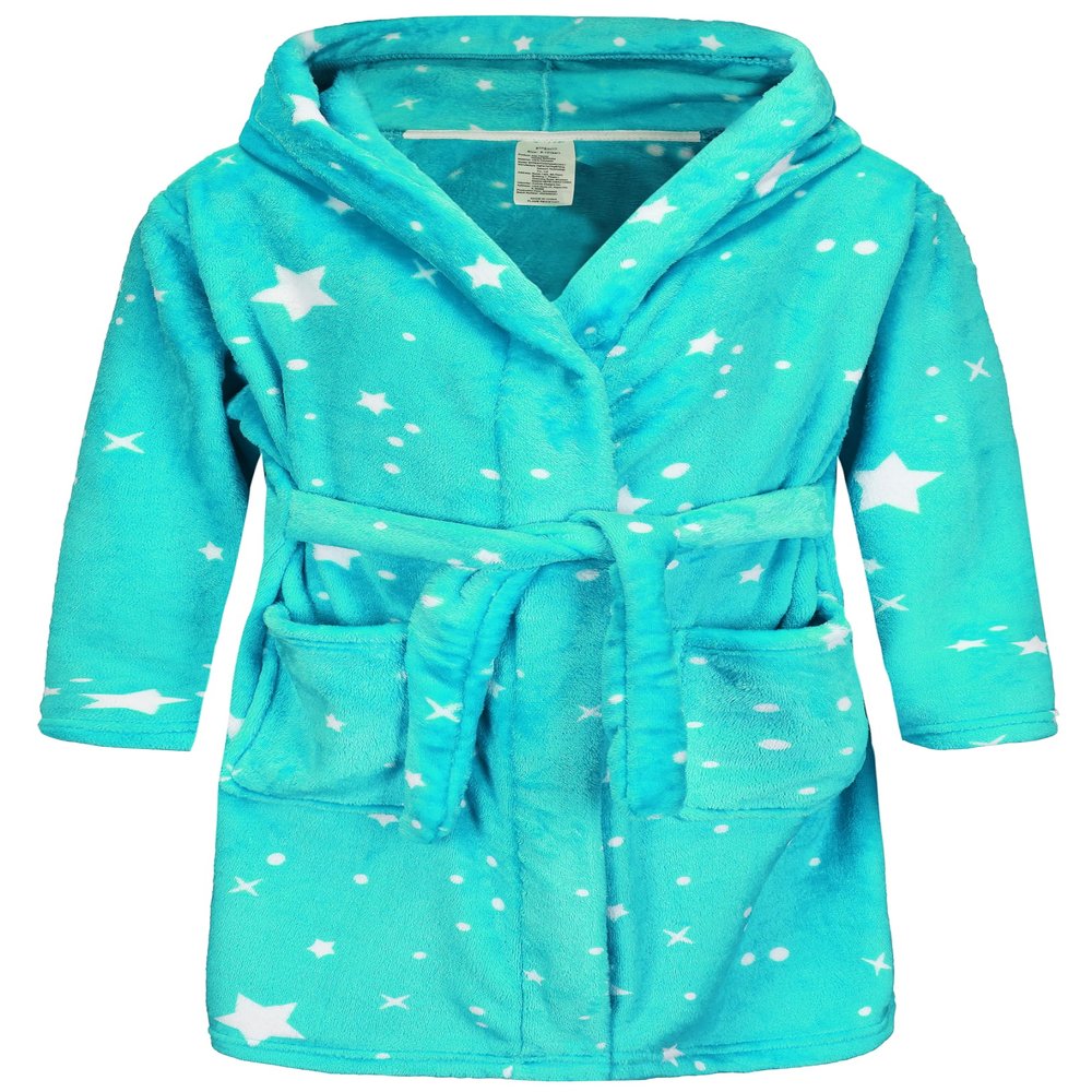 BTPEIHTD Kids Hooded Bathrobe Girls Soft Plush Hooded Flannel Pajamas Sleepwear Boys Spa Robe Aqua Stars 15-16 Years