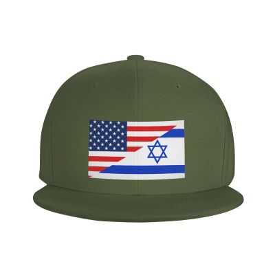 America Flag and Israel Flags Flat Bill Hats for Men, Moss Green Adjustable Snapback Hat, Unisex Hip Hop Baseball Cap-60