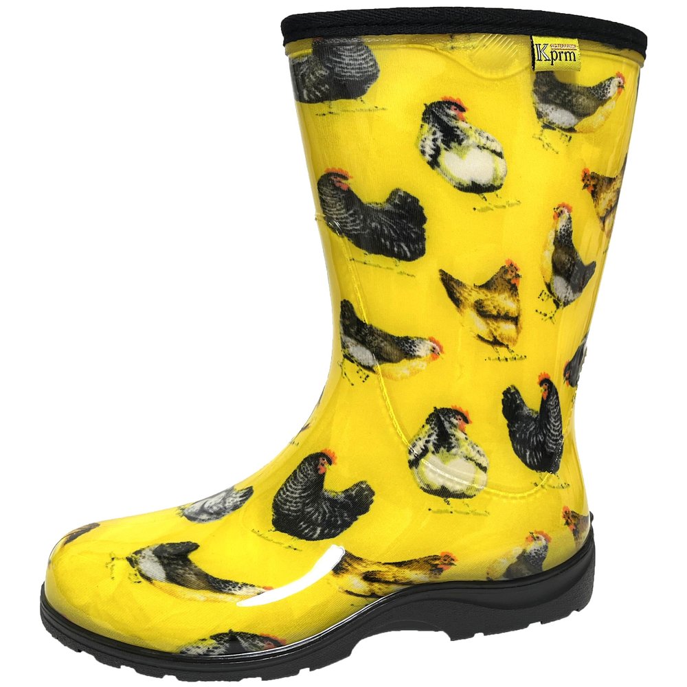 Kprm Women's Rain Boots Waterproof Mid Calf Rubber Garden Boots for Women Outdoor Mud Work with Comfort Insole (Chickens Yellow, 8)