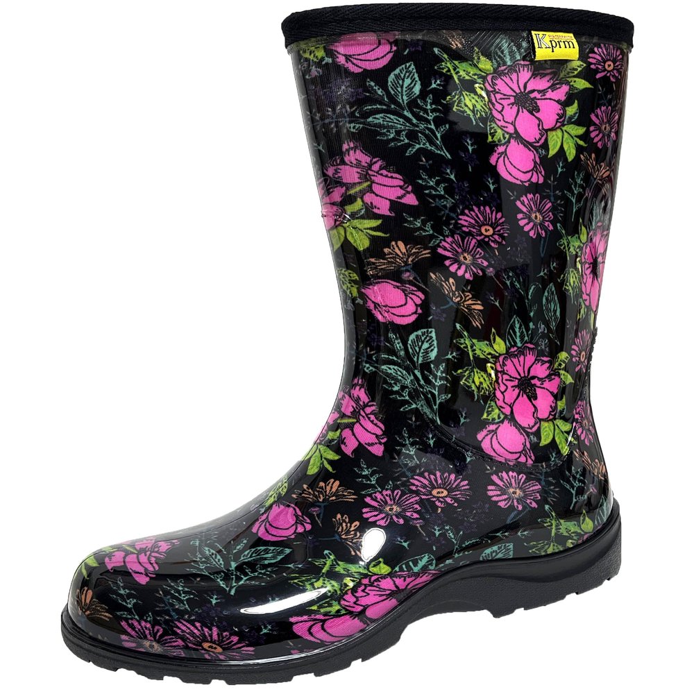 Kprm Women's Rain Boots Waterproof Mid Calf Rubber Garden Boots for Women Outdoor Mud Work with Comfort Insole (Midsummer Black, 7)