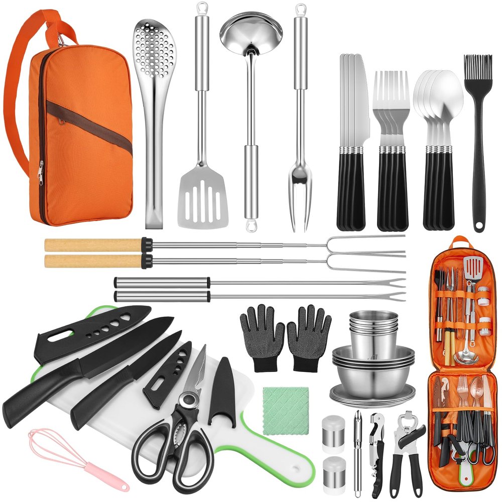 Hozzen 45-Pcs Camping Cooking Utensil Set - Car Camping Essentials Gear for Cooking and Grilling, Portable Camp Kitchen Set, Ideal Gift for RV Tent Camper, Picnics, BBQs, Parties