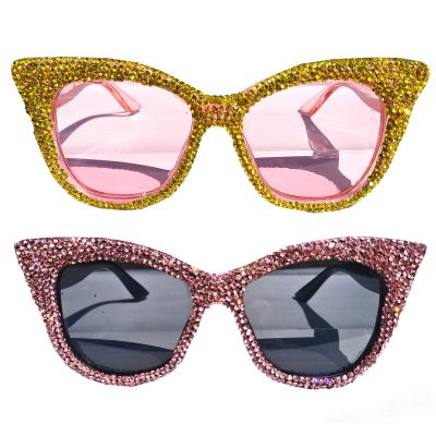 helena fashion Oversized Sparkling Diamond Cat Eye Sunglasses Trendy for Women bling Fun Crystal Rhinestone Sun Glasses (yellow+pink)