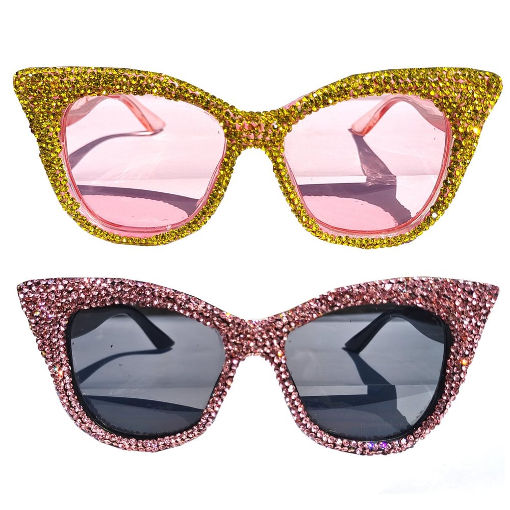 helena fashion Oversized Sparkling Diamond Cat Eye Sunglasses Trendy for Women bling Fun Crystal Rhinestone Sun Glasses (yellow+pink)