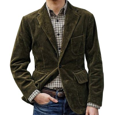 Corduroy Blazer Coat for Men's Vintage Winter Suit Jacket Slim Work Wear Business Casual Two Buttons Blazer Jackets