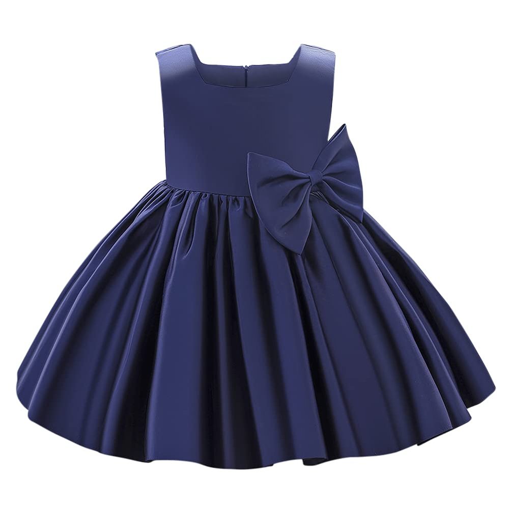 AFAVOM Infant Girls Bowknot Tutu Dress Wedding Flower Girl Dress Formal Party Outfit Princess Prom Christening Ball Gown Satin Pageant Dress Photo Shoot Cake Smash Baptism Dress Dark Blue 6-12 Months