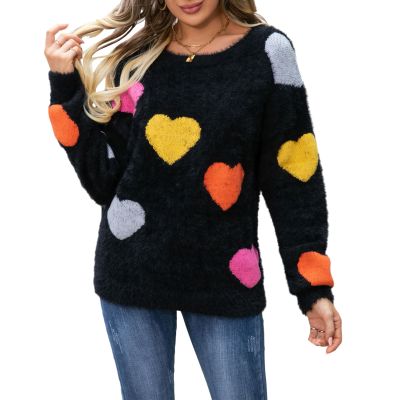 FOMOYUU Women Heart Print Sweater Valentine 's Day Pullovers Long Sleeve Round Neck Knitted Blouse Casual Loose Sweatshirt (C Black, L)
