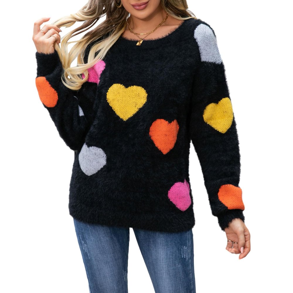 FOMOYUU Women Heart Print Sweater Valentine 's Day Pullovers Long Sleeve Round Neck Knitted Blouse Casual Loose Sweatshirt (C Black, L)