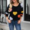 FOMOYUU Women Heart Print Sweater Valentine 's Day Pullovers Long Sleeve Round Neck Knitted Blouse Casual Loose Sweatshirt (C Black, L) view 4
