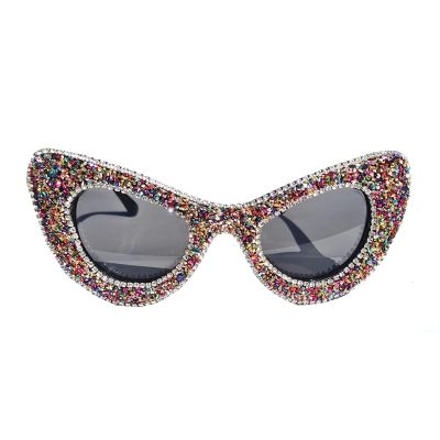 helena Diamond cat eye Sparkling Sunglasses Women Fashion Butterfly Rhinestones Female Bling Party Shade Sun Glasses (white colorful)