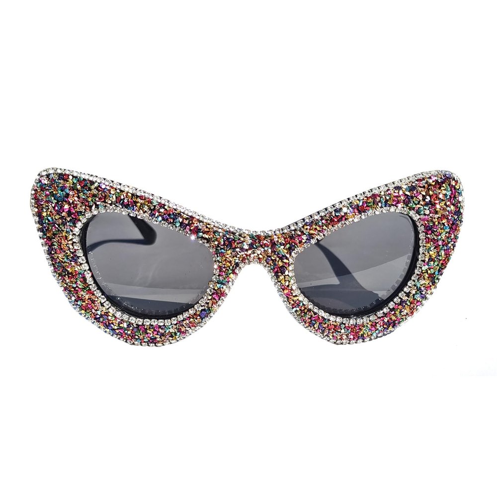 helena Diamond cat eye Sparkling Sunglasses Women Fashion Butterfly Rhinestones Female Bling Party Shade Sun Glasses (white colorful)