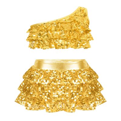 XUNZOO Kids Girls Shiny Sequin 2 Piece Outfits Jazz Latin Samba Dance Performance Dance Costume Dancewear 02#Gold 5-6 Years