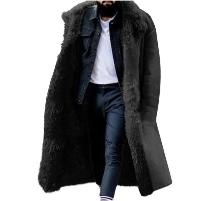 Faux Shearling Overcoat for Men Winter Warm Thick Trench Coat Outwear Thermal long Parka Fuzzy Fur Lined Long Jacket