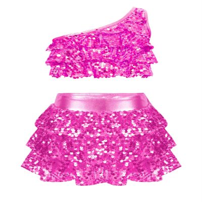 XUNZOO Kids Girls Shiny Sequin 2 Piece Outfits Jazz Latin Samba Dance Performance Dance Costume Dancewear 02#HotPink 5-6 Years