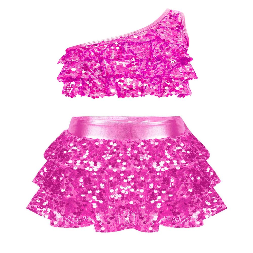 XUNZOO Kids Girls Shiny Sequin 2 Piece Outfits Jazz Latin Samba Dance Performance Dance Costume Dancewear 02#HotPink 5-6 Years