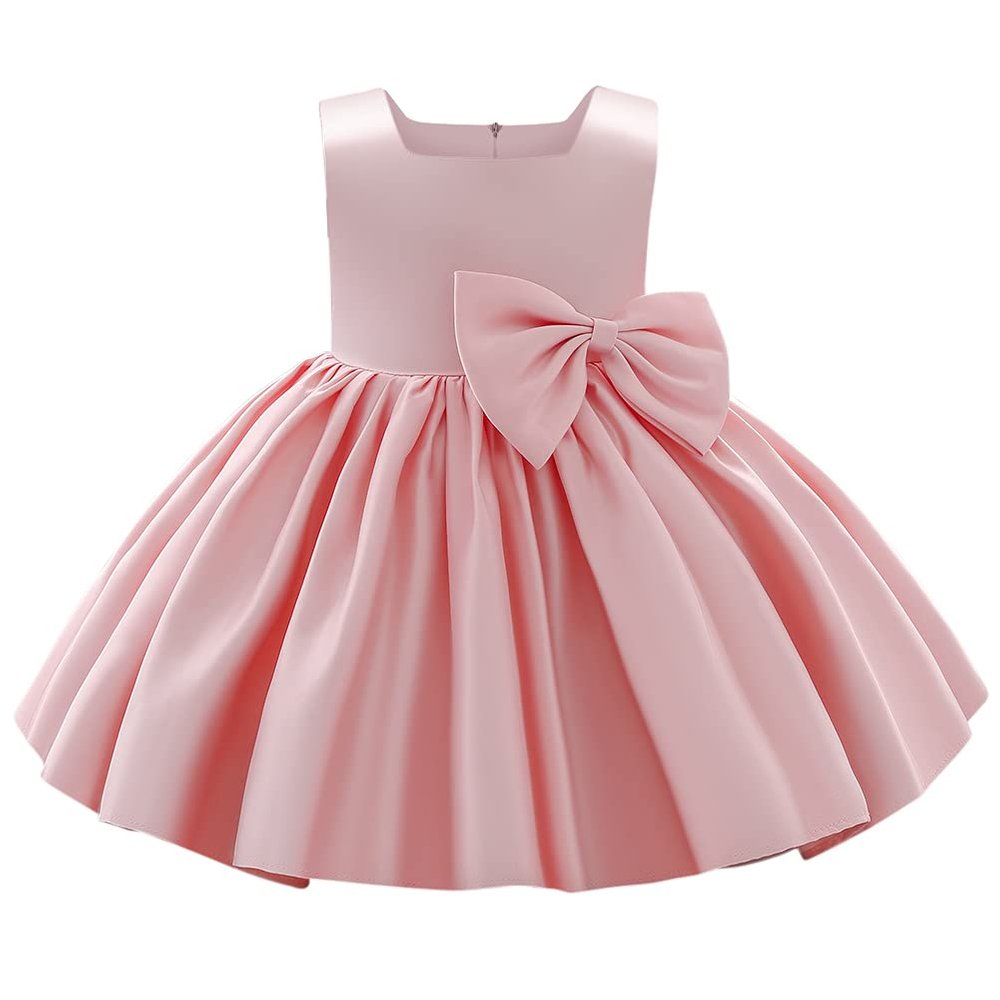 AFAVOM Infant Girls Bowknot Tutu Dress Wedding Flower Girl Dress Formal Party Outfit Princess Christmas Prom Christening Gown Satin Pageant Dress Photo Shoot Cake Smash Baptism Dress Pink 3-4 Years
