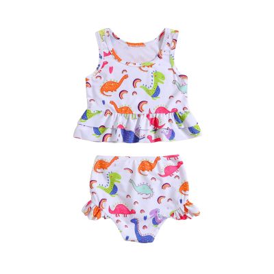 kacubwyy Little Girls Swimsuit Sleeveless Ruffle Top & Shorts Two Piece Tankinis Set Kids Swimwear Bathing (4 Years,Dinosaur)