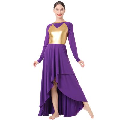 ODASDO Praise Dance Dresses for Women, Adult Lyrical Dance Costume Liturgical Worship Church Dancewear Golden Metallic Asymmetric Hem Pleated Swing Full Length Loose Fit Maxi Gown Purple S