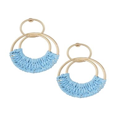 MINACHI Bohemian Blue Raffia Tassel Dangle Drop Hoop Earrings, Boho Hippie Summer Beach Jewelry Gift for Women
