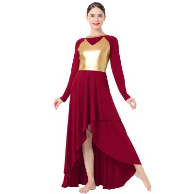 AFAVOM Praise Dance Dress for Women Metallic Gold Lyrical Dance Dress Long Sleeve Asymmetric Chiffon Flowy Skirt Shiny Color Block Liturgical Worship Dancewear Contemporary Dance Costumes Wine Red S