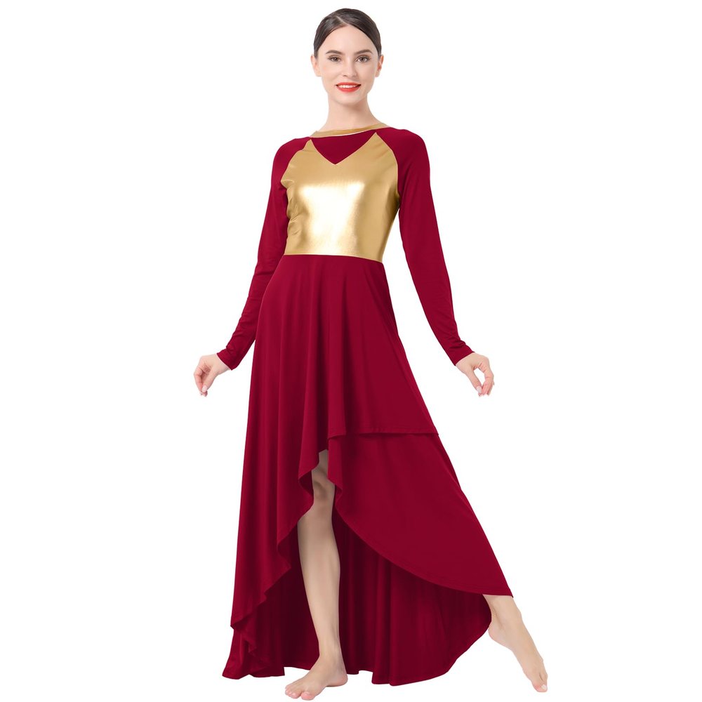 AFAVOM Praise Dance Dress for Women Metallic Gold Lyrical Dance Dress Long Sleeve Asymmetric Chiffon Flowy Skirt Shiny Color Block Liturgical Worship Dancewear Contemporary Dance Costumes Wine Red S