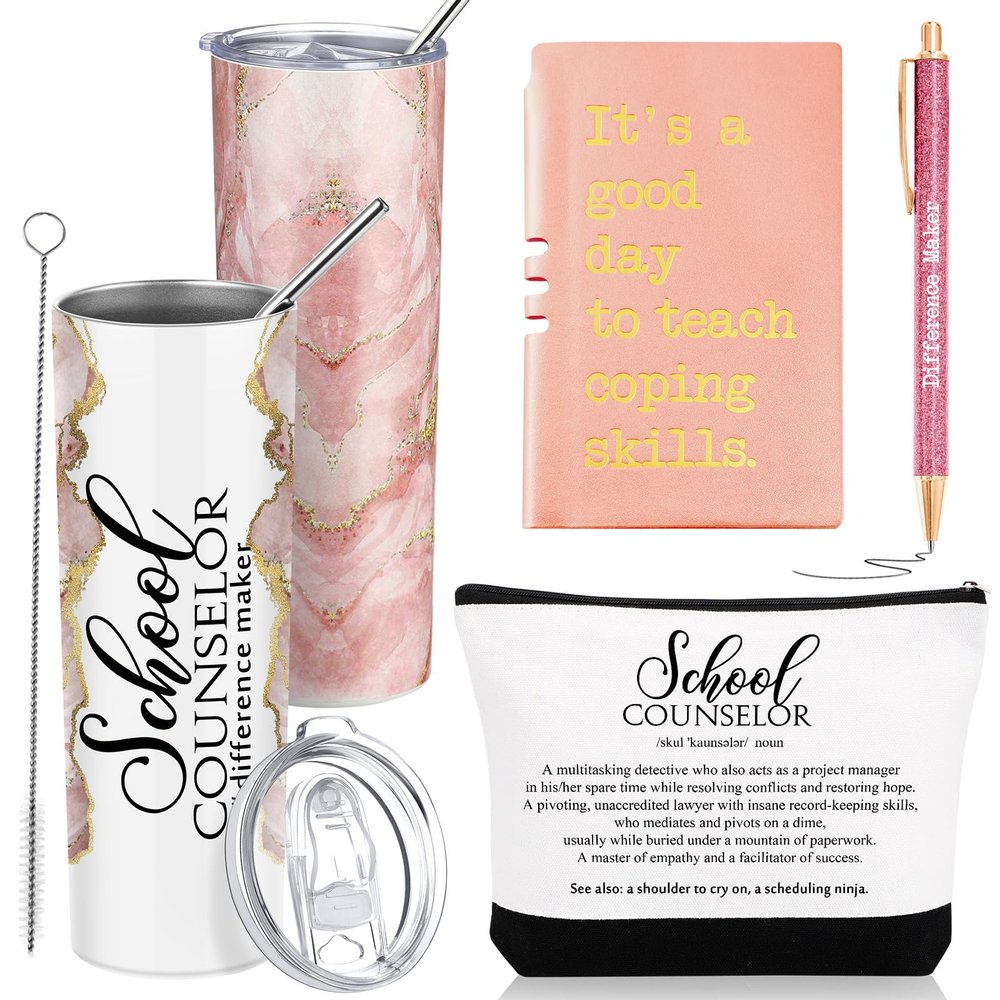Sunnychicc 4 Pcs Graduation School Counselor Must Have Gifts Include 20oz Stainless Steel Tumbler Appreciation Makeup Bag Journal Pen Thank You Gift for Educator Teacher(Rose Gold)