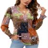 Rapbin Winter Blouses for Women V Neck Flower Printed Patchwork Tees Fashion Shirts 2025 Trendy Multiple Orange Floral L view 1