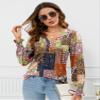 Rapbin Winter Blouses for Women V Neck Flower Printed Patchwork Tees Fashion Shirts 2025 Trendy Multiple Orange Floral L view 2