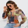 Rapbin Winter Blouses for Women V Neck Flower Printed Patchwork Tees Fashion Shirts 2025 Trendy Multiple Orange Floral L view 3