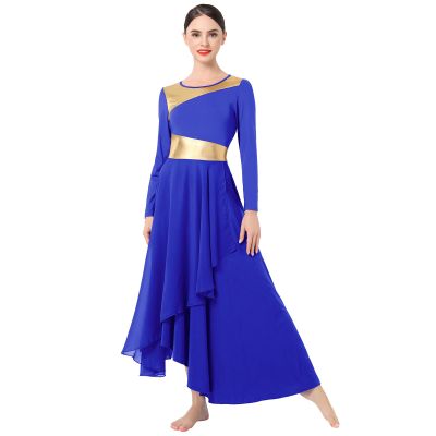 IMEKIS Royal Blue Praise Dance Dresses for Women: Metallic Bi Color Gold Liturgical Dancewear Flowy Chiffon Gowns Adult Lyrical Dance Dress Church Worship Garment Maxi Long Sleeve Outfit Royal Blue XL