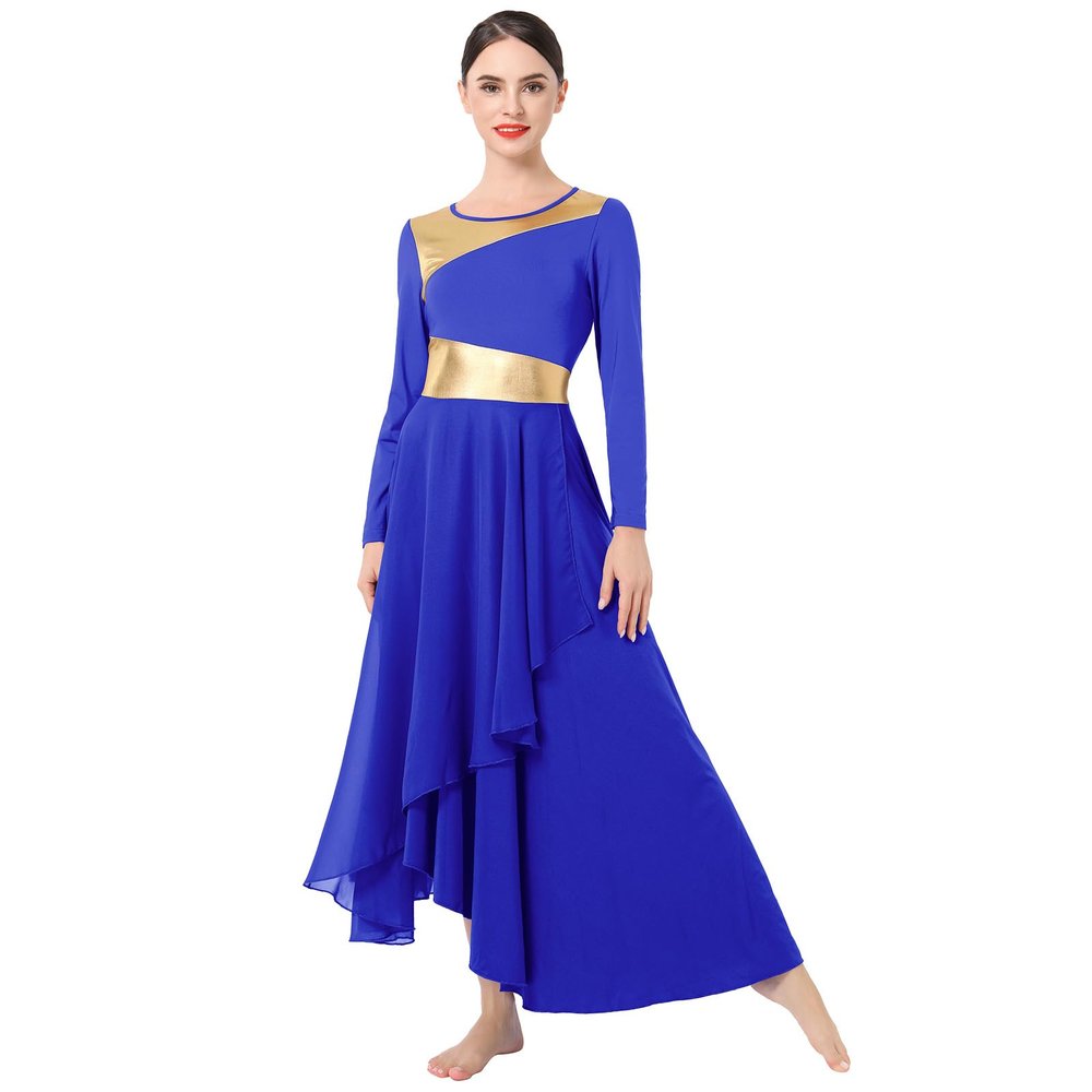 IMEKIS Royal Blue Praise Dance Dresses for Women: Metallic Bi Color Gold Liturgical Dancewear Flowy Chiffon Gowns Adult Lyrical Dance Dress Church Worship Garment Maxi Long Sleeve Outfit Royal Blue XL