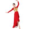 AFAVOM Praise Dance Dress for Women Metallic Gold Lyrical Dance Dress Long Sleeve Asymmetric Chiffon Flowy Skirt Shiny Color Block Liturgical Worship Dancewear Contemporary Dance Costumes Red XXL view 3