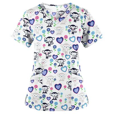 Nursing Scrubs for Women Womens Scrub Tops Fashion Printed Work Uniform T-Shirt V Neck Short Sleeve Nurse Top Tunic Blouse with Pocket 3X-Large White