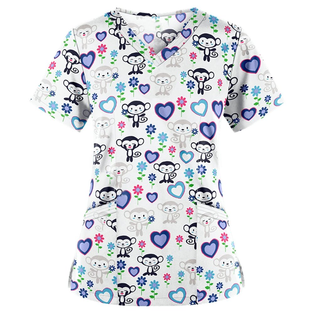 Nursing Scrubs for Women Womens Scrub Tops Fashion Printed Work Uniform T-Shirt V Neck Short Sleeve Nurse Top Tunic Blouse with Pocket 3X-Large White