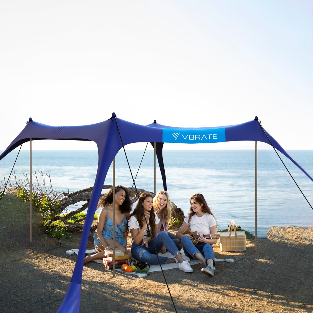 vBrate Beach Tent Sun Shelter - UPF50 Beach Canopy Portable Sun Shelter 4 Aluminum Poles, Ground Pegs, Sand Bags, Wind Ropes, Shovel, Bag - Camping, Picnic, Fishing, Backyard 10x10FT (Bicolor)