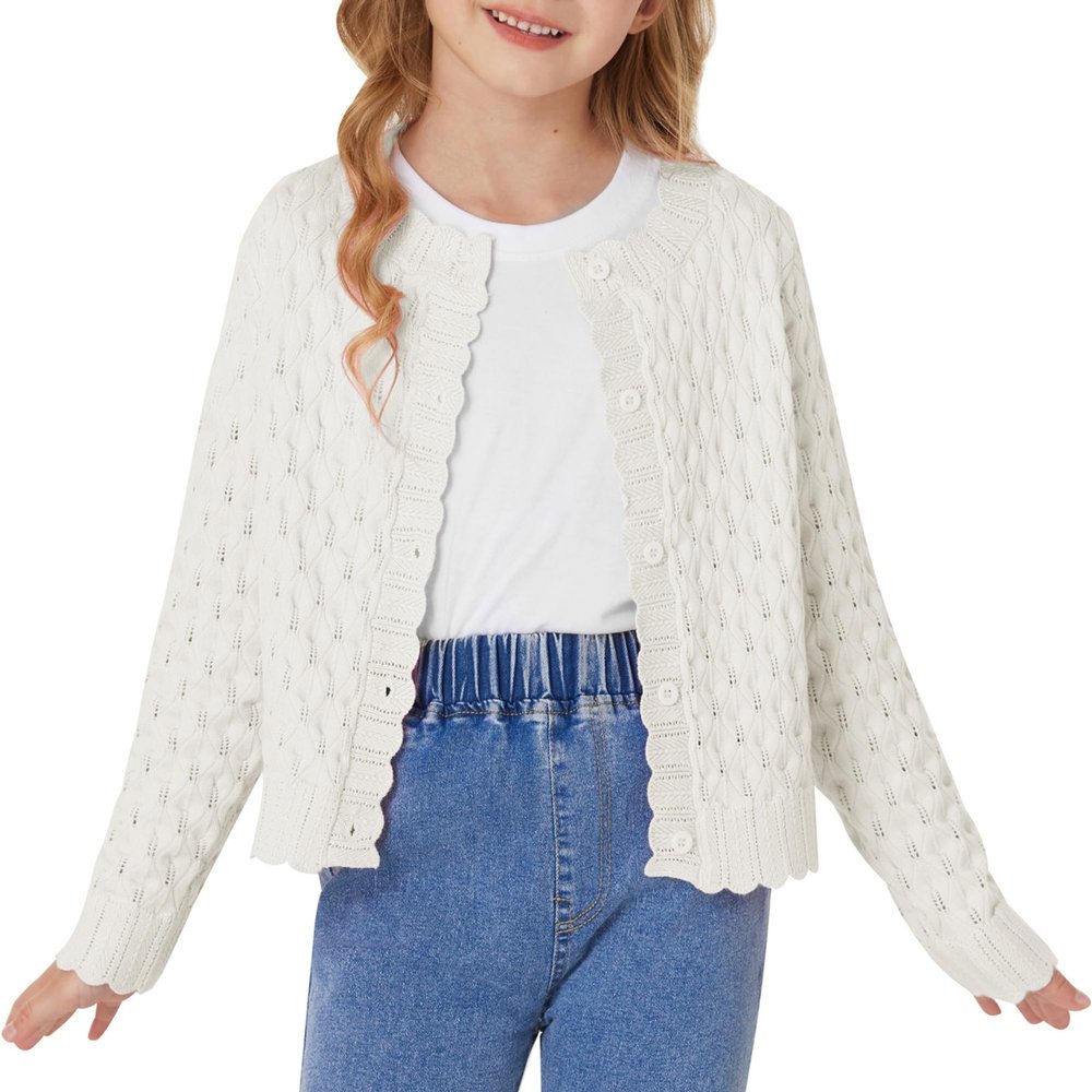 GRACE KARIN Ivory Cardigan for Girls Long Sleeve Cable Knit Sweaters Little Kids Button Front Cropped Sweater Size 7