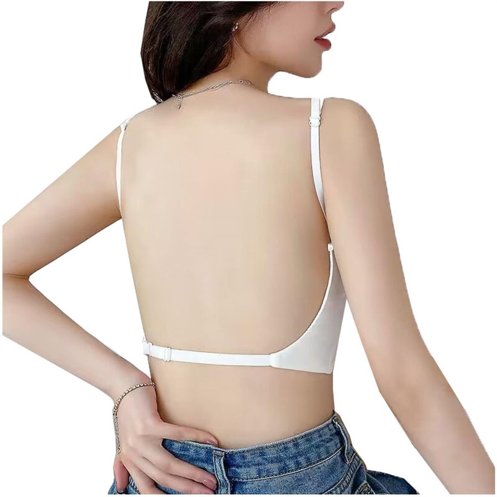 XWSM Low Back Bra Sexy Backless Push Up Bra Lingerie Spaghetti Straps Wireless Bralette For Women Wedding Evening Dresses (Color : White, Size : 38/85ABC)