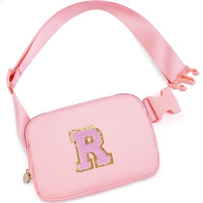 Uygafly Personalized Belt Bag for Women Girls - Fashion Mini Waist Packs with Adjustable Strap - Trendy Travel Fanny Pack Crossbody Bags with Initial Letter - Teen Gifts | Peach,R