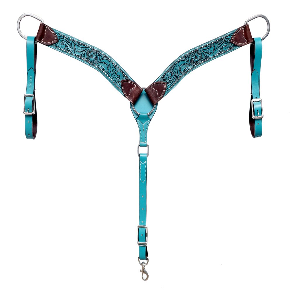 BLACK HOOF | Pink | Turquoise | Floral Tooled American Leather Breastcollar with Silver Spots | Barrel Racing