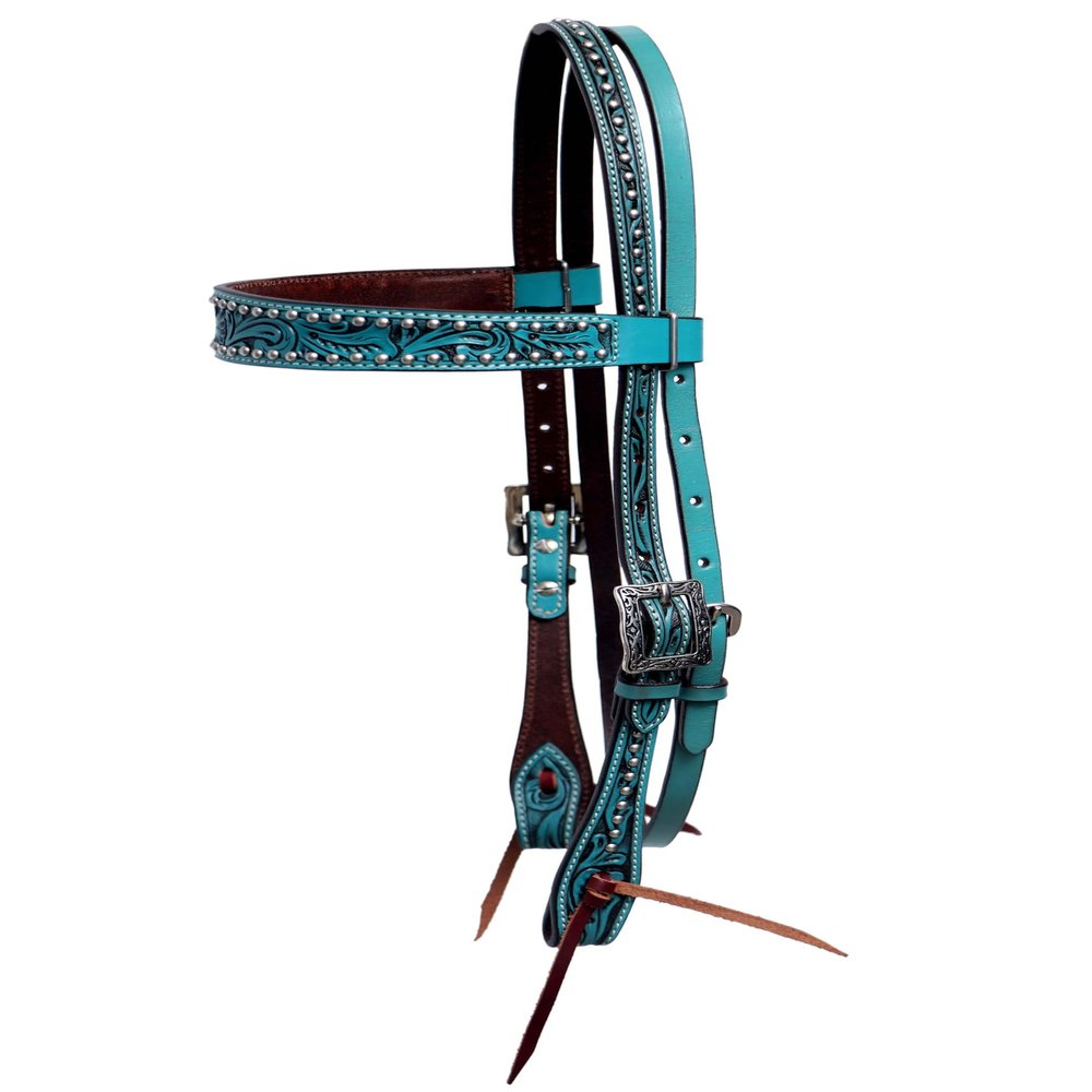 BLACK HOOF | Pink | Turquoise | Floral Tooled American Leather Browband Headstall with Silver Spots | Barrel Racing