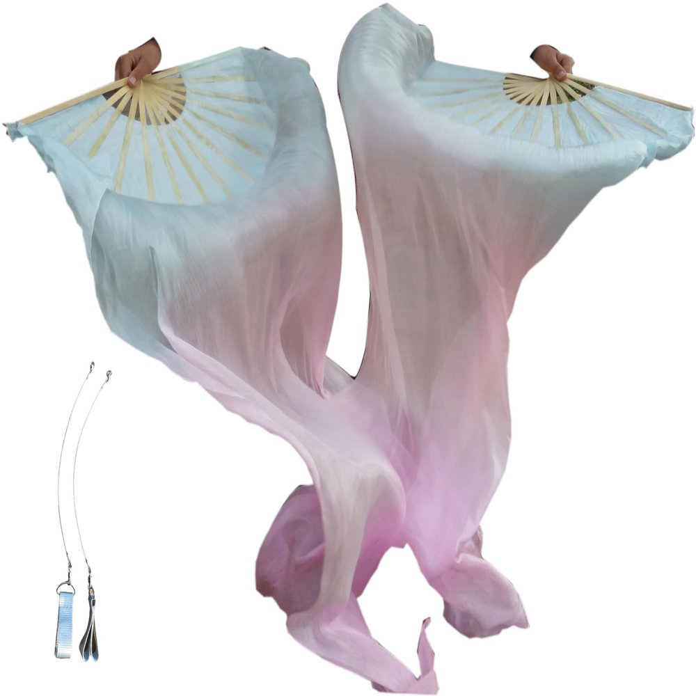ZEBEYE Belly Dance Long Fan,Spinning Belly Dance Long Fan Pois 59" (150 cm) Pairs, Adjustable Real Silk Fan Veils (Color : Mist)