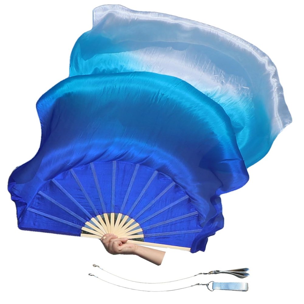 ZEBEYE Belly Dance Fan, 59" (150 cm) Long, Blue, Modern Style with Removable Rope for 'Fan Pois' Functionality