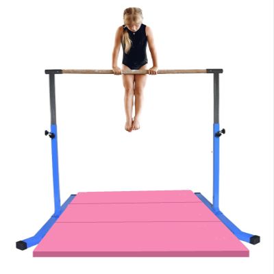 Athletic Bar Gymnastics Bar for Kids with 6 FT x 4 FT Tumble Mat, Adjustable Professional Horizontal Kip Bar Gymnast High Bars Home Gym Heavy Duty Gymnastics Equipment Training Bar (Blue)