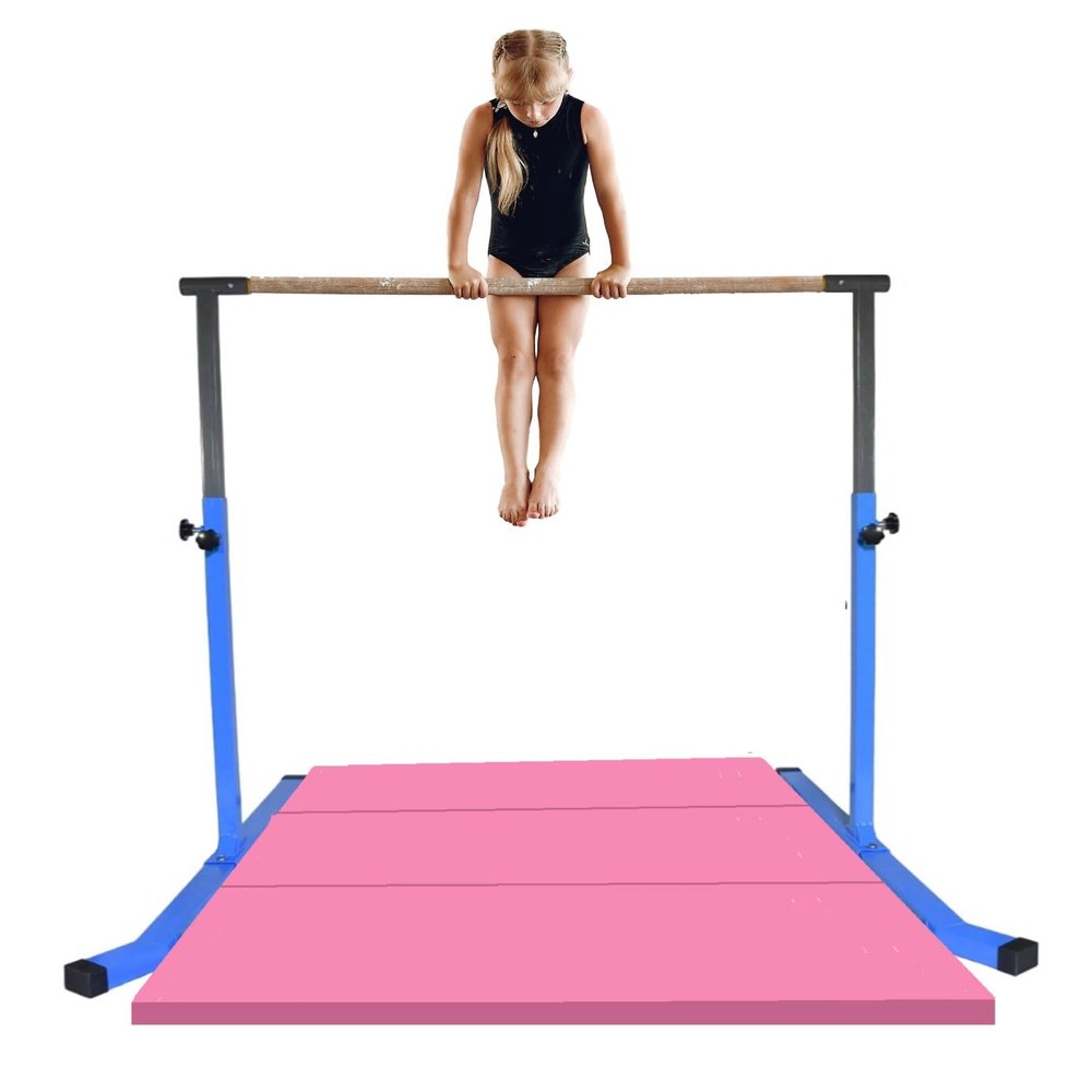 Athletic Bar Gymnastics Bar for Kids with 6 FT x 4 FT Tumble Mat, Adjustable Professional Horizontal Kip Bar Gymnast High Bars Home Gym Heavy Duty Gymnastics Equipment Training Bar (Blue)