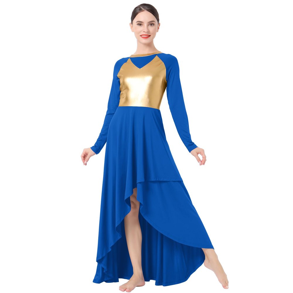 AFAVOM Praise Dance Dress for Women Metallic Gold Lyrical Dance Dress Long Sleeve Asymmetric Chiffon Flowy Skirt Shiny Liturgical Worship Dancewear Modern Contemporary Dance Costume Royal Blue XXL